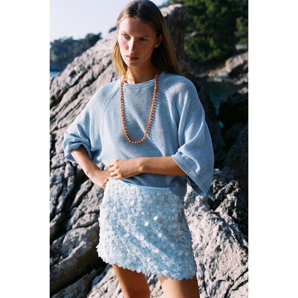 Zara Womens Mini Sequin Skirt Size S Light Blue Short Side Zip 3920/221 NWT - Picture 1 of 16